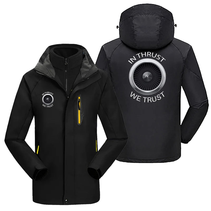 In Thrust We Trust aviation design printed on heavyweight insulated shell with snow cuffs thick ski jacket.