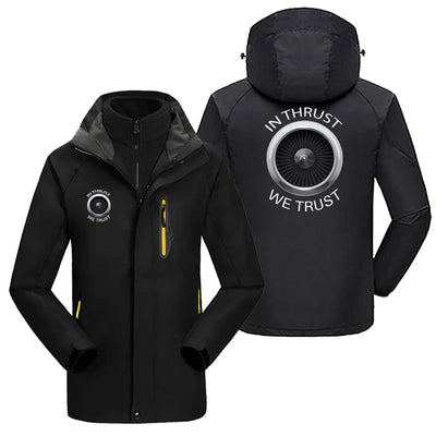 In Thrust We Trust aviation design printed on heavyweight insulated shell with snow cuffs thick ski jacket.