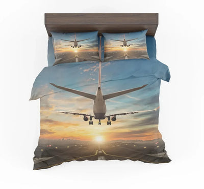 Airplane over Runway Towards the Sunrise aviation print bedding set, soft cotton blend.