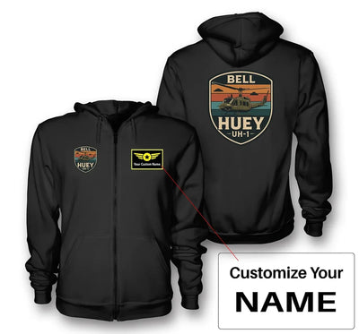 Retro BELL HUEY UH-1 aviation design on soft cotton blend zipped hoodie.