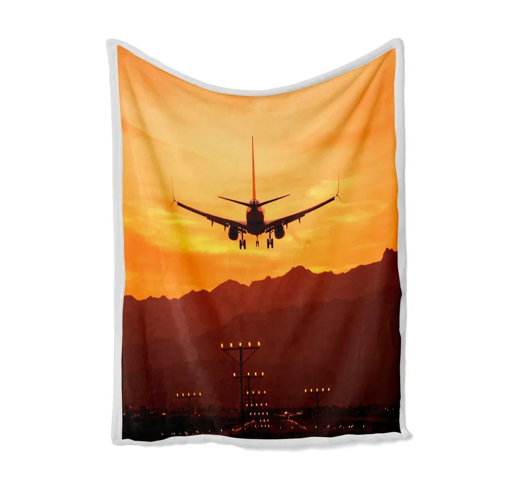 Landing Aircraft During Sunset Bed Blankets & aviation print on soft fleece blanket.