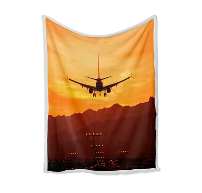 Landing Aircraft During Sunset Bed Blankets & aviation print on soft fleece blanket.
