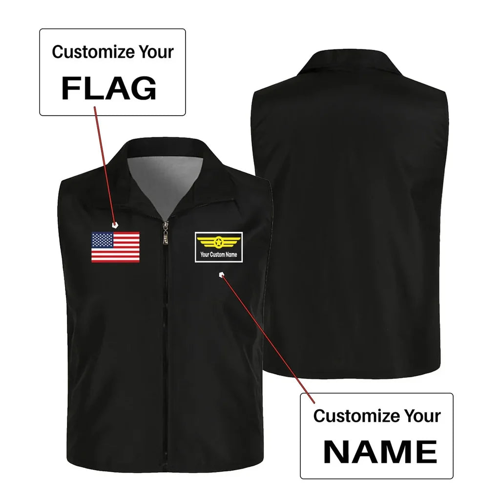 Custom Flag & Name with "Badge 1" Thin Style aviation design printed on lightweight shell with sleeveless design thin vest.