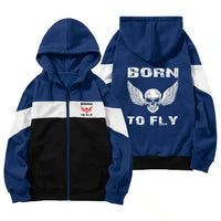 Thumbnail for Born To Fly SKELETON aviation design on colourful cotton blend colourful zipped hoodie.