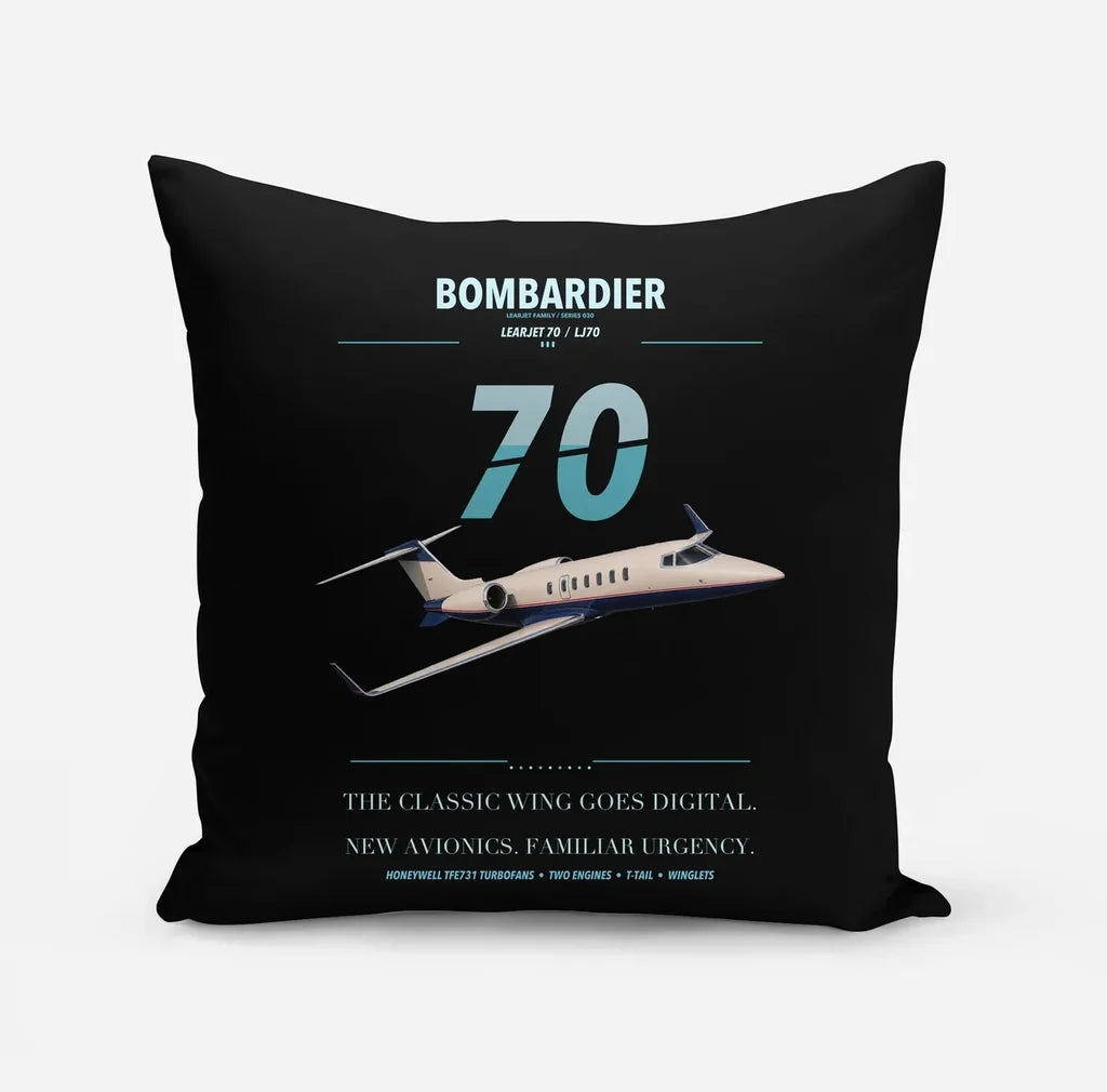 Bombardier Learjet 70 design on black pillow