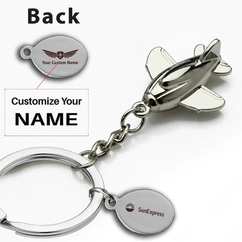 SunExpress aviation airplane-shape key chain in polished metal alloy.