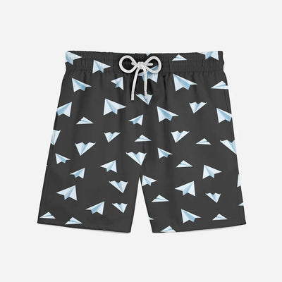Paper Airplanes (Gray) aviation print swim trunks, quick-dry polyester.