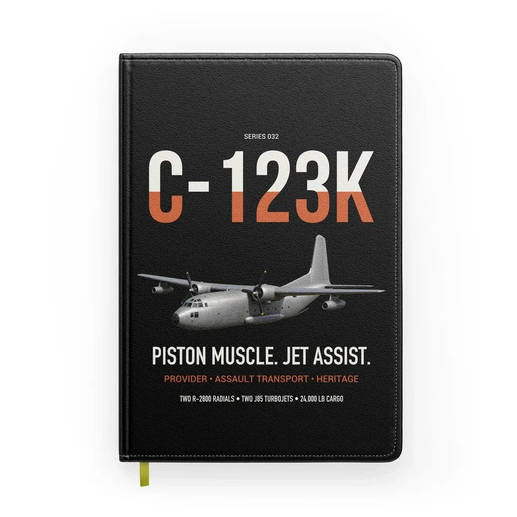 C-123K Provider design on black notebook