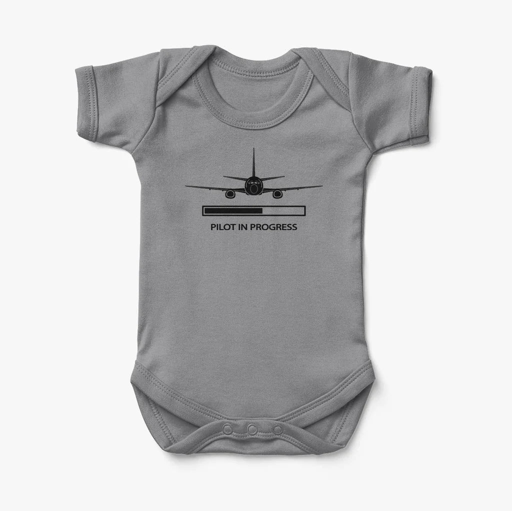 Pilot In Progress aviation print on kids gentle cotton bodysuit.