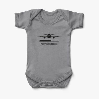 Pilot In Progress aviation print on kids gentle cotton bodysuit.