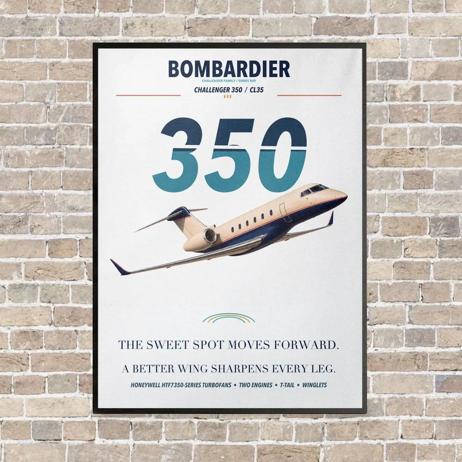 Bombardier Challenger 350 vertical canvas print - framed - white background
