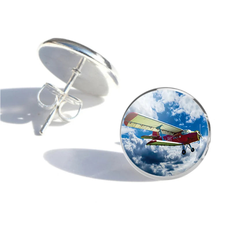 Beautiful Clouds & Antonov-2 aviation-themed stud earrings, polished stainless steel.