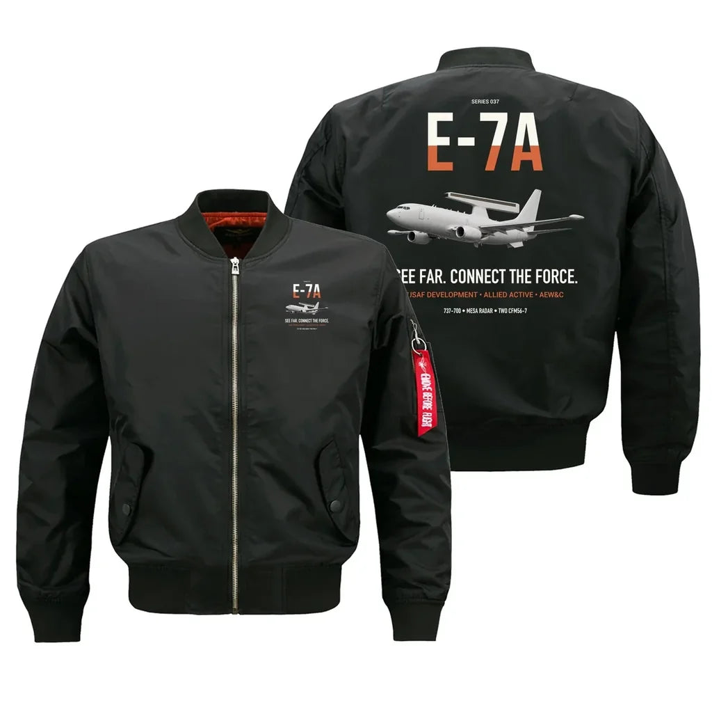 E-7A Wedgetail design on black bomber jacket, double-side print