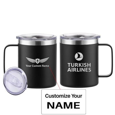 Turkish Airlines aviation design on laser-engraved mug, permanent laser engraving on stainless.