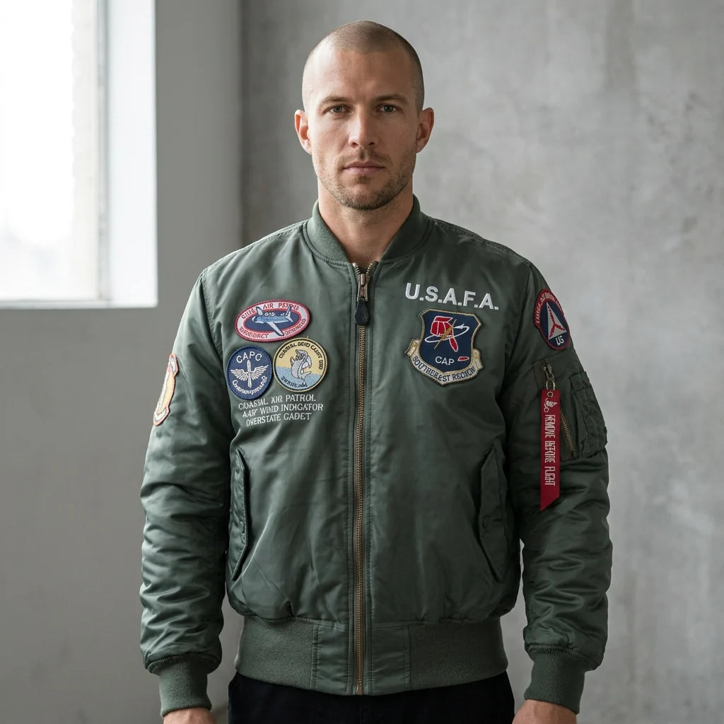 Aviation pilot jacket worn on model — editorial