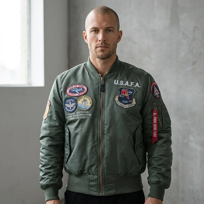 Aviation pilot jacket worn on model — editorial