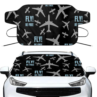 Fly Be Free Black Car aviation design on car windshield cover.