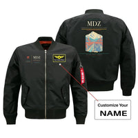 Thumbnail for Governor Francisco Gabrielli International Airport (MDZ) design on black bomber jacket with custom name patch