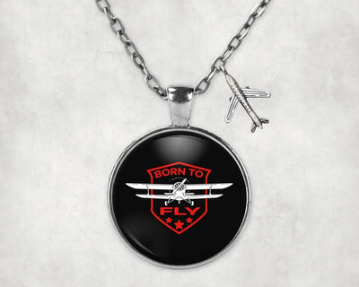 Born To Fly aviation-themed necklace, polished stainless steel.