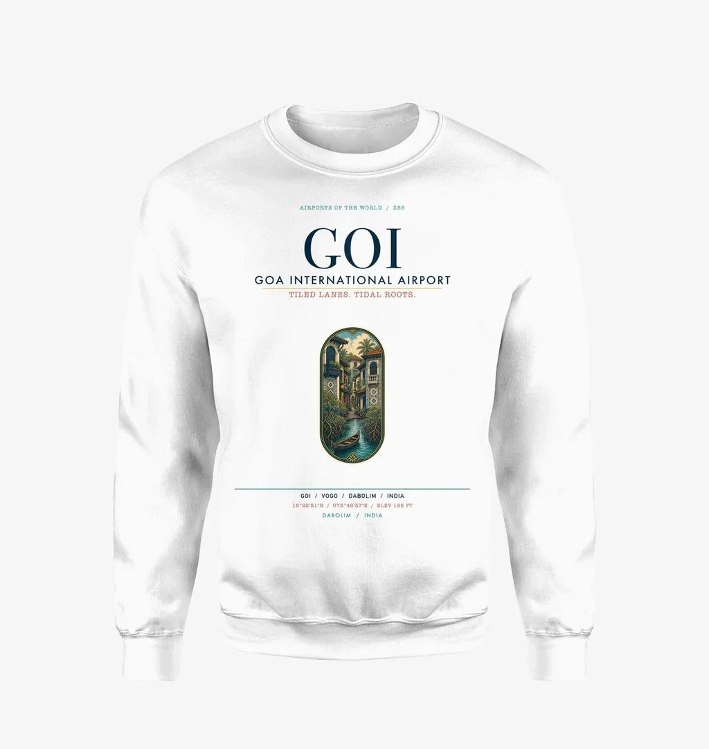 Goa International Airport Dabolim (GOI) design on white sweatshirt