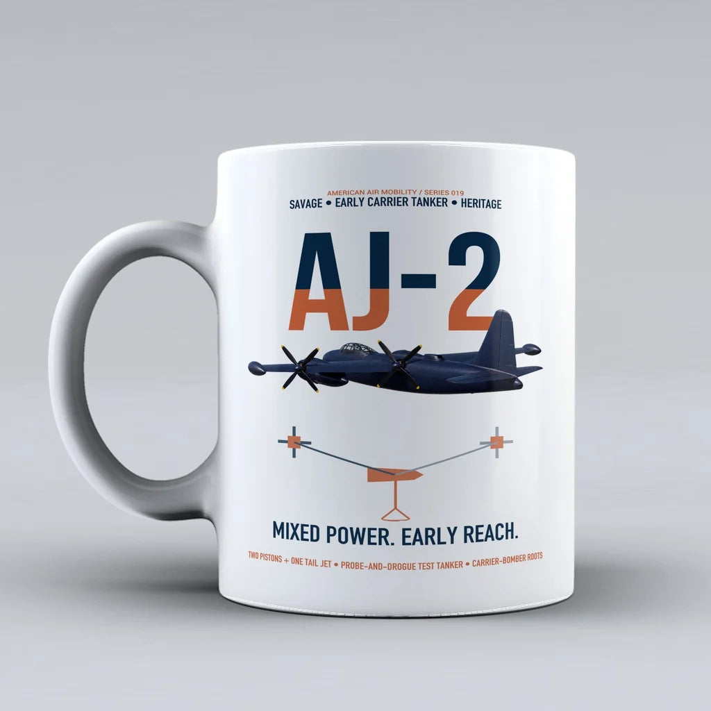 AJ-2 Savage Tanker design on white ceramic mug, double-side print