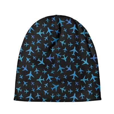 Many Airplanes Black aviation embroidery on soft knit fabric 3D knit beanie.