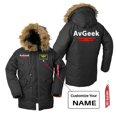 Avgeek aviation design printed on heavyweight shell with hooded warmth parka bomber.