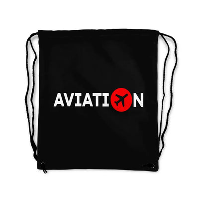Aviation design drawstring bag, lightweight polyester construction.
