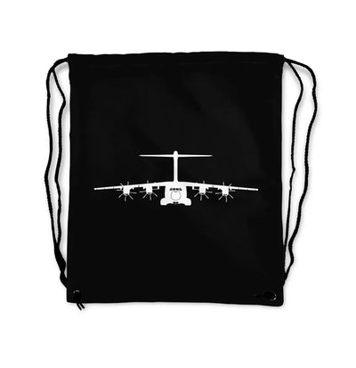 Airbus A400M Silhouette aviation design drawstring bag, lightweight polyester construction.