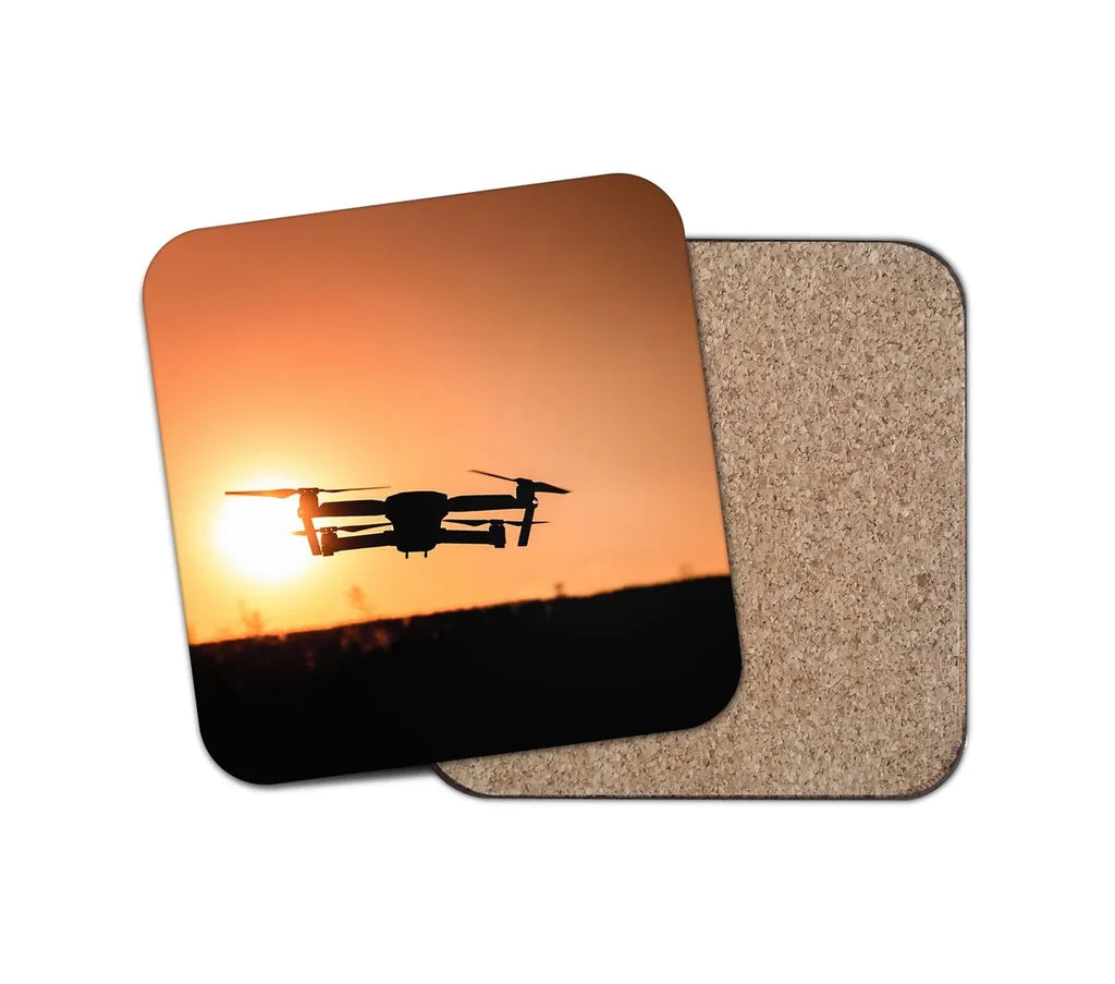 Amazing Drone in Sunset aviation design on cork-backed wood with print coaster.