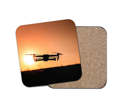Amazing Drone in Sunset aviation design on cork-backed wood with print coaster.