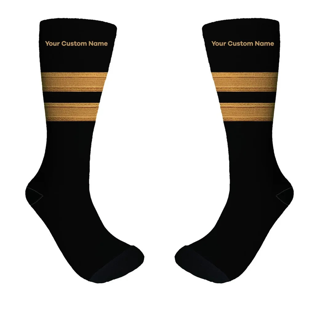 Pilot Epaulette (Golden) 2 Lines + NAME aviation design on soft cotton blend socks.