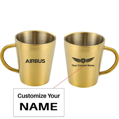 Airbus & Text aviation design on stainless coffee mug, durable stainless steel construction.