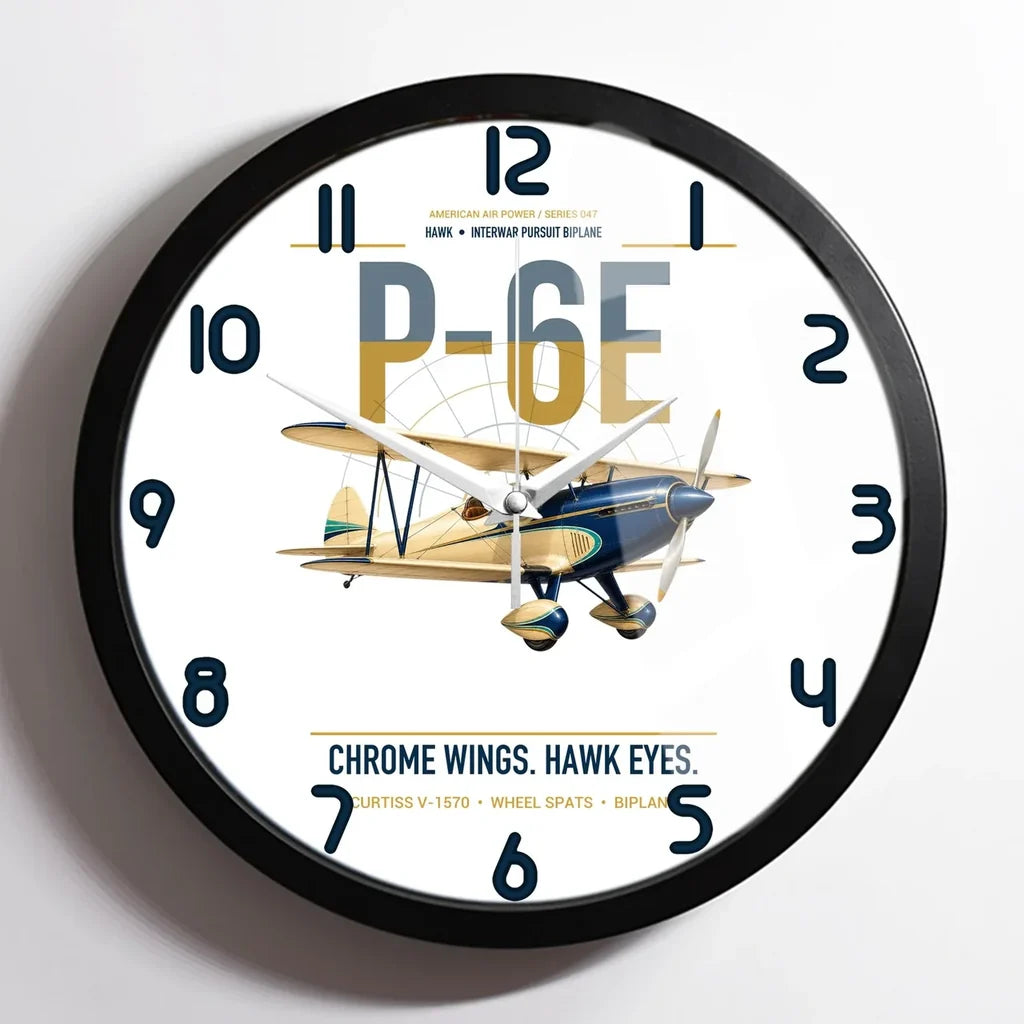 Curtiss P-6E Hawk design on white framed wall clock