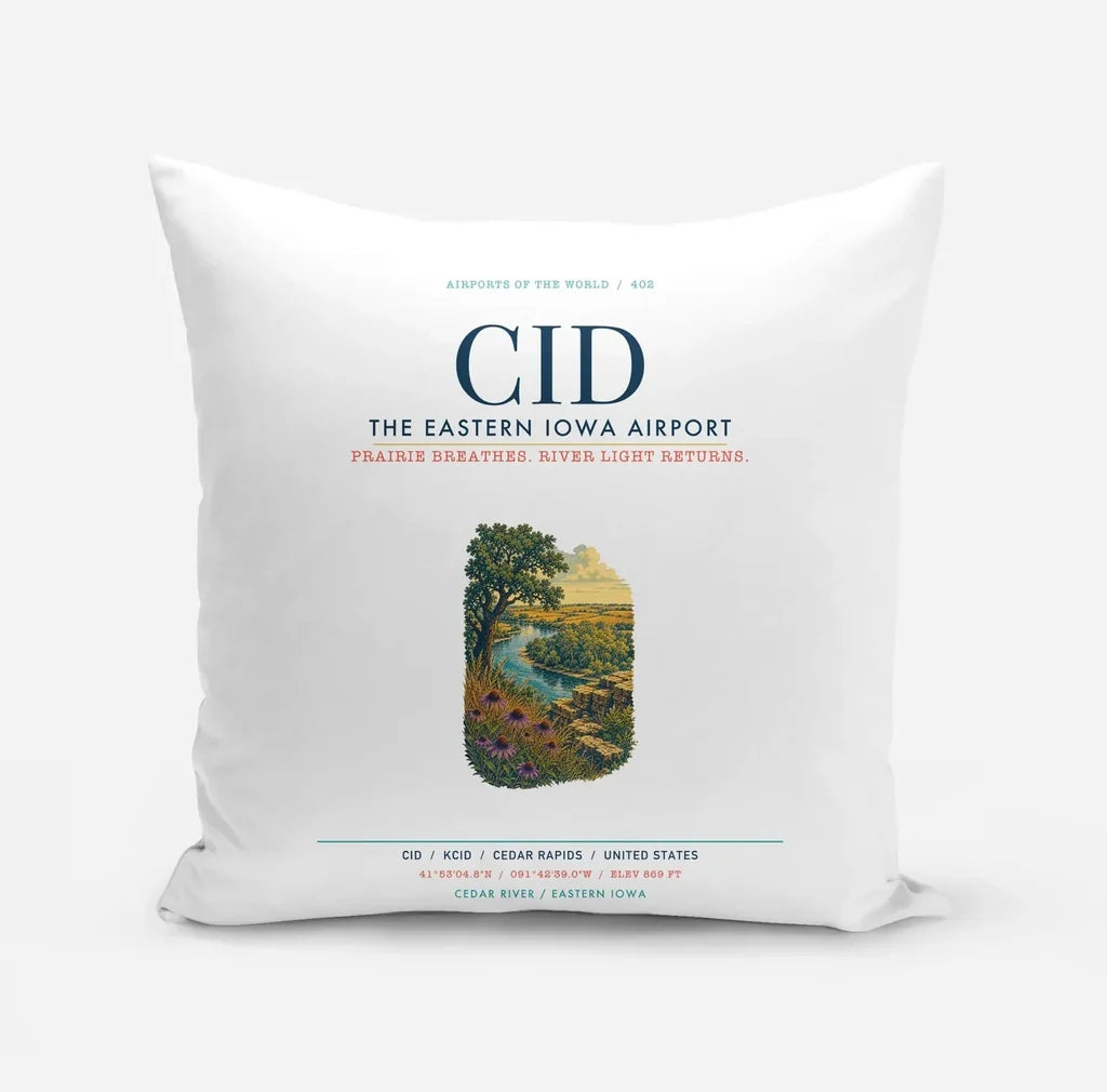 The Eastern Iowa Airport Cedar Rapids (CID) design on white pillow