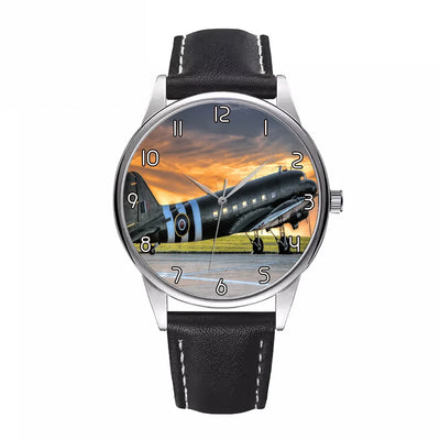 Side view of Old Airplane Parked During Sunset aviation watch with leather strap in leather strap, polished finish.