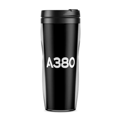 Airbus A380 Flat Text aviation design on plastic travel mug, bpa-free durable plastic.