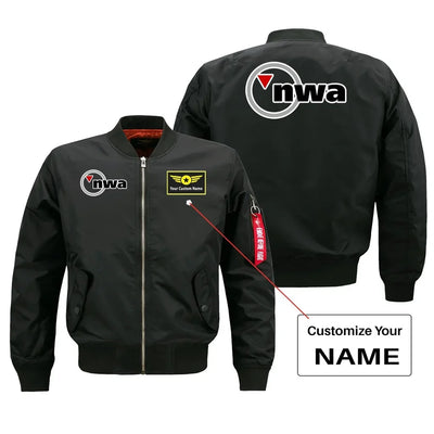 Northwest Airlines NEW aviation design with custom name embroidered on black bomber jacket