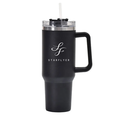 StarFlyer Airlines 40oz Stainless Steel Car Mug With Holder aviation design on 40oz car mug, 40oz vacuum-insulated.