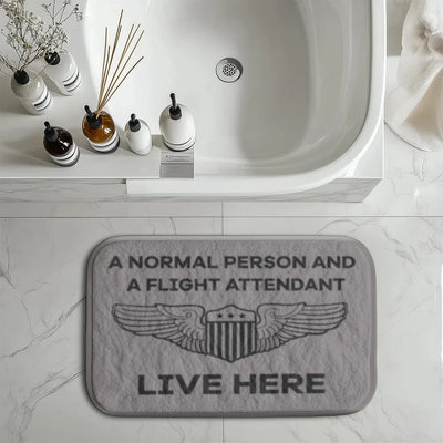 A Normal Person and a FLIGHT ATTENDANT Live Here aviation print bath mat, soft absorbent fabric with non-slip backing.