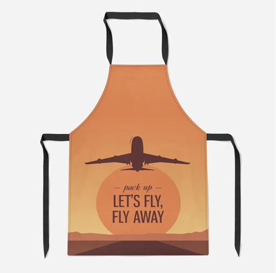 Let's Fly Away aviation design on durable cotton blend kitchen apron.