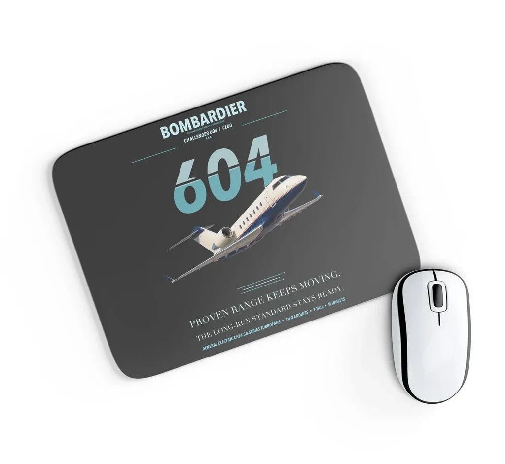 Bombardier Challenger 604 design on black rectangle mouse pad