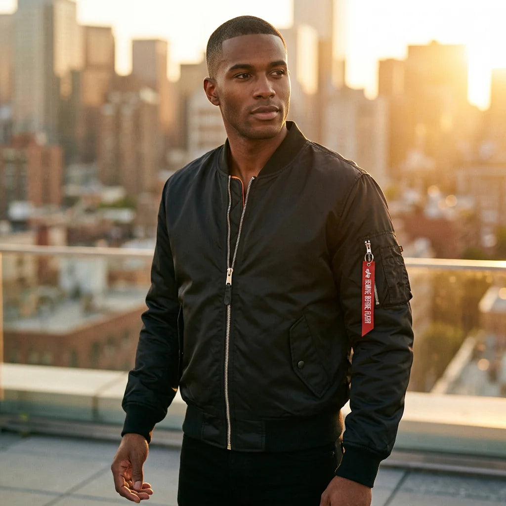 Aviation pilot jacket worn on model — editorial