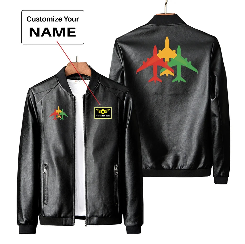 Colourful 3 Airplanes PU aviation design printed on genuine leather with quilted lining leather jacket.