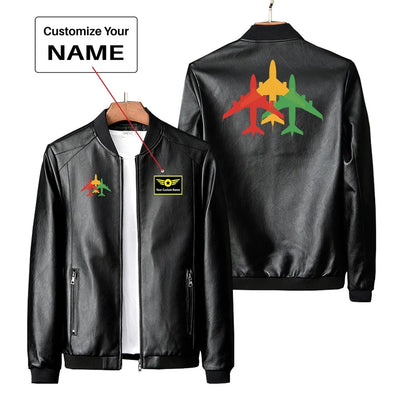 Colourful 3 Airplanes PU aviation design printed on genuine leather with quilted lining leather jacket.