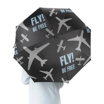 Fly Be Free aviation design on windproof polyester umbrella.