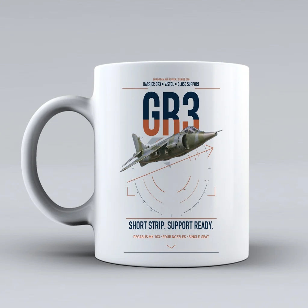 Hawker Siddeley Harrier GR3 design on white ceramic mug, double-side print