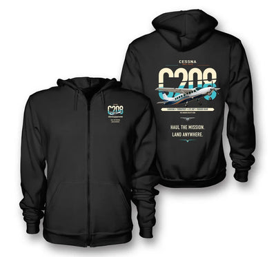 Cessna 208 Caravan design on black premium zipped hoodie, double-side print