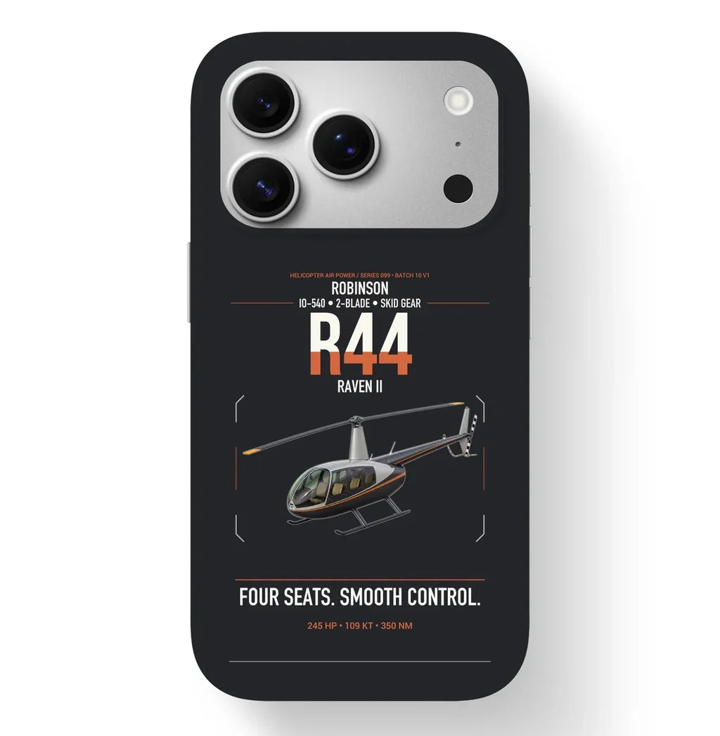 Robinson R44 Raven II design on black magsafe iphone case, for iPhone 17 Pro