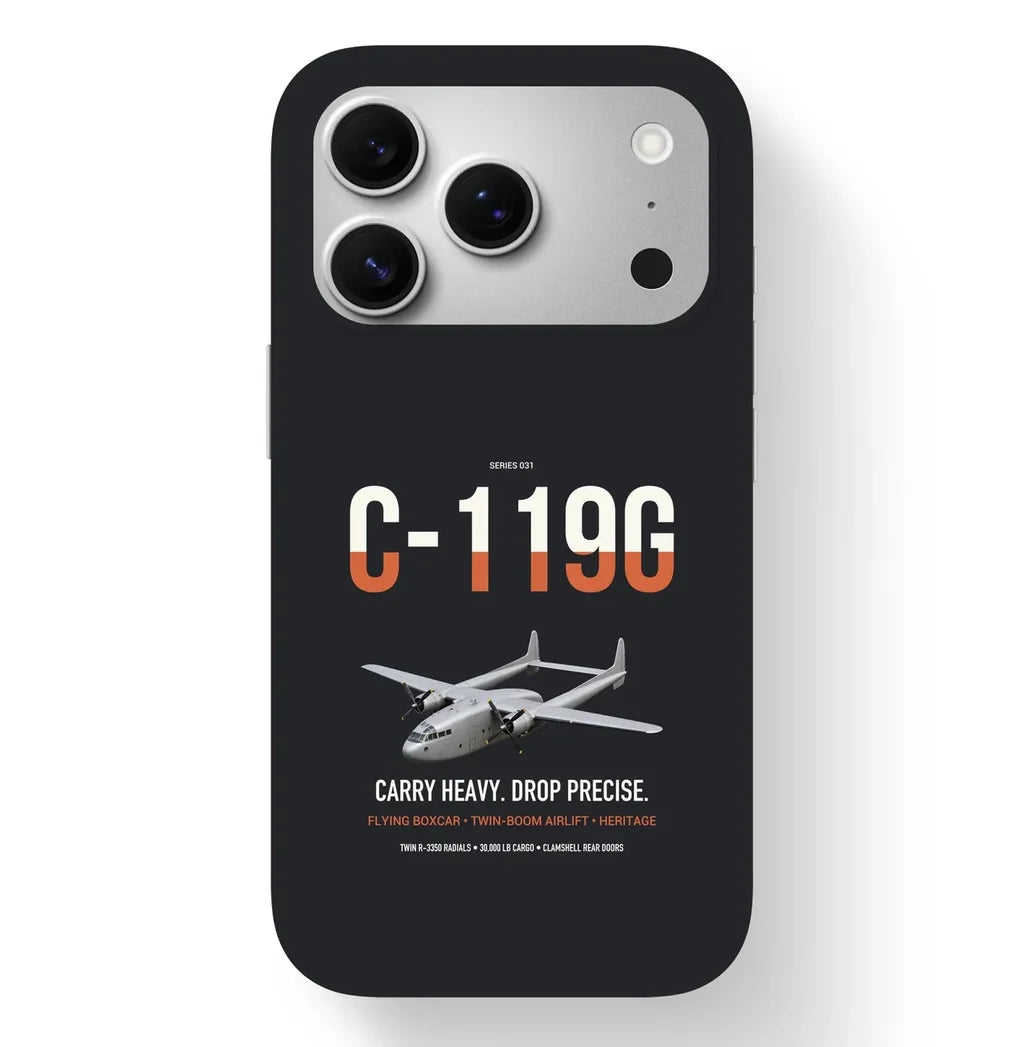 C-119G Flying Boxcar design on black magsafe iphone case, for iPhone 17 Pro